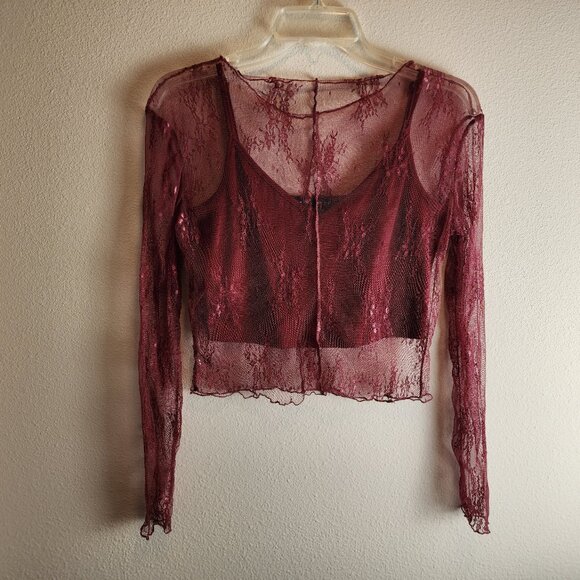 MIOU MUSE Y2K 90's Red Sheer Lace Long Sleeve Top Spaghetti Strap Camisole Small - Picture 3 of 12